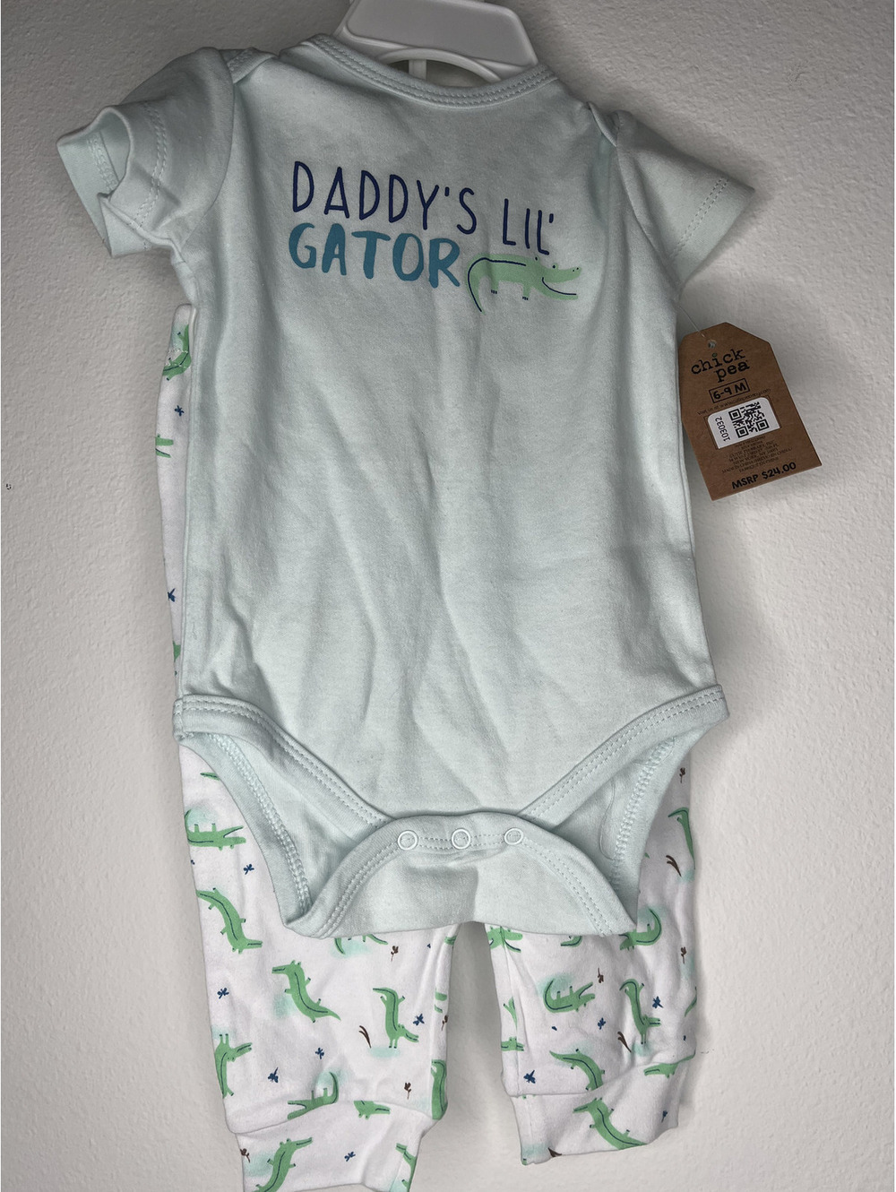 NWT Chick Pea Baby Boy Daddy's Lil' Gator 3 Pc Set- One Piece, Pants, Hat  6-9M